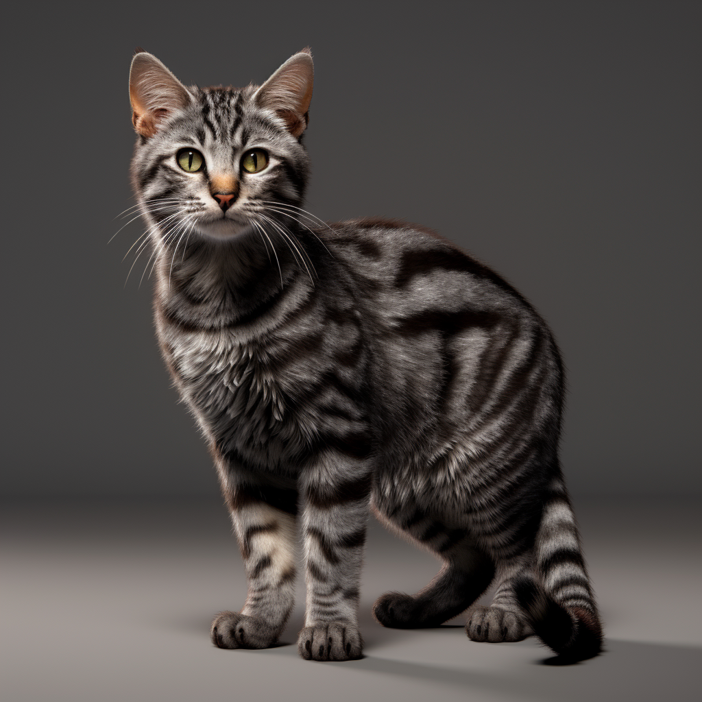 Animated grey tabby cat with fur