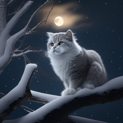 Adorable grey and white cat perched in a tree