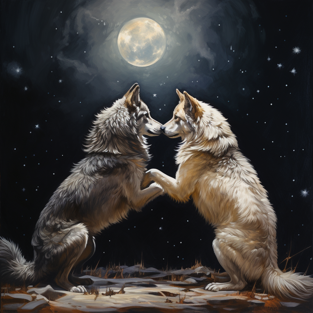 Two Wolves Playing Together at Night