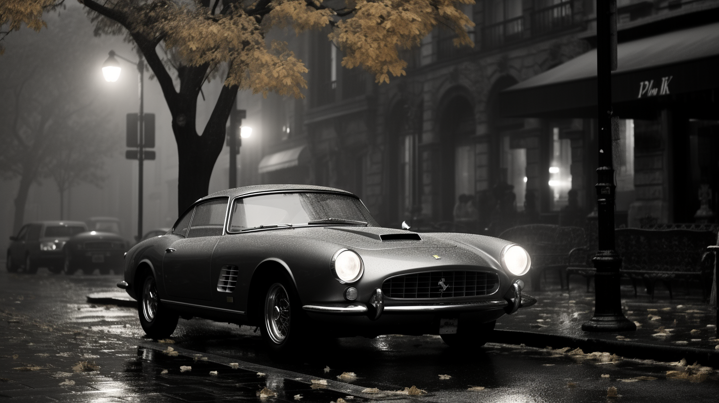 Grey Ferrari 250 GT in Misty Night Street