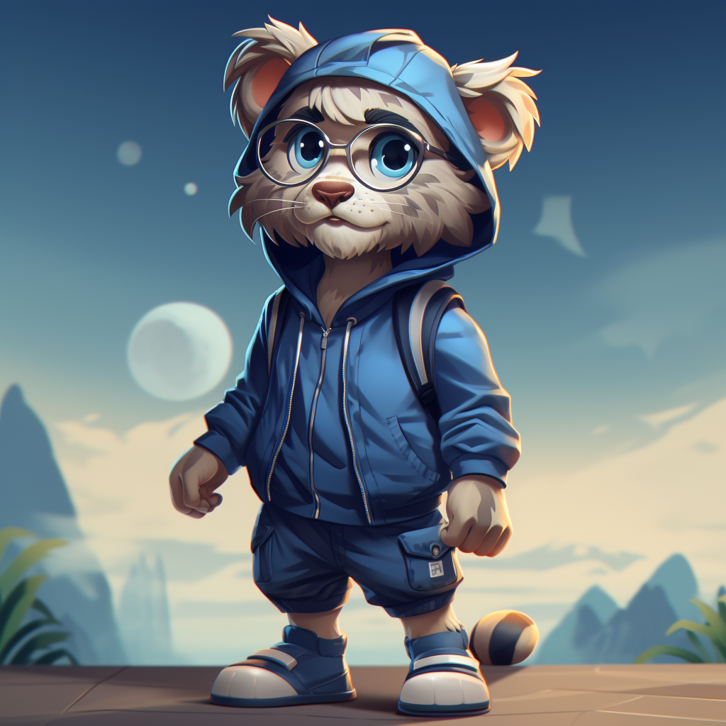 Anthropomorphic young lion in blue clothes wearing goggles