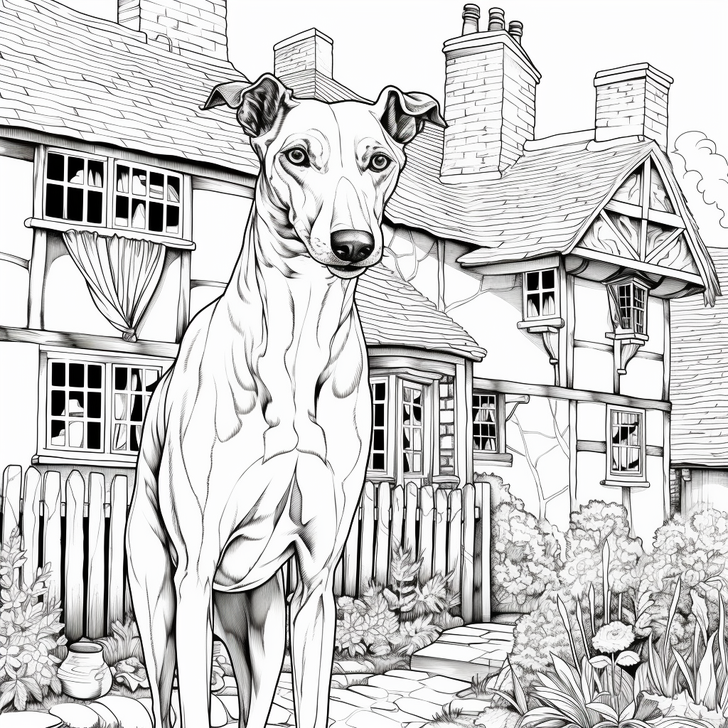 Greyhound in Cottage Line Art