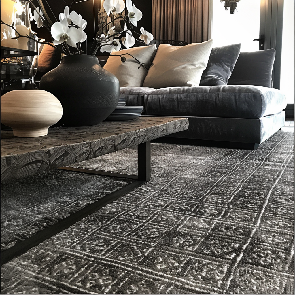 Greyish midnight carpet with unique patterns