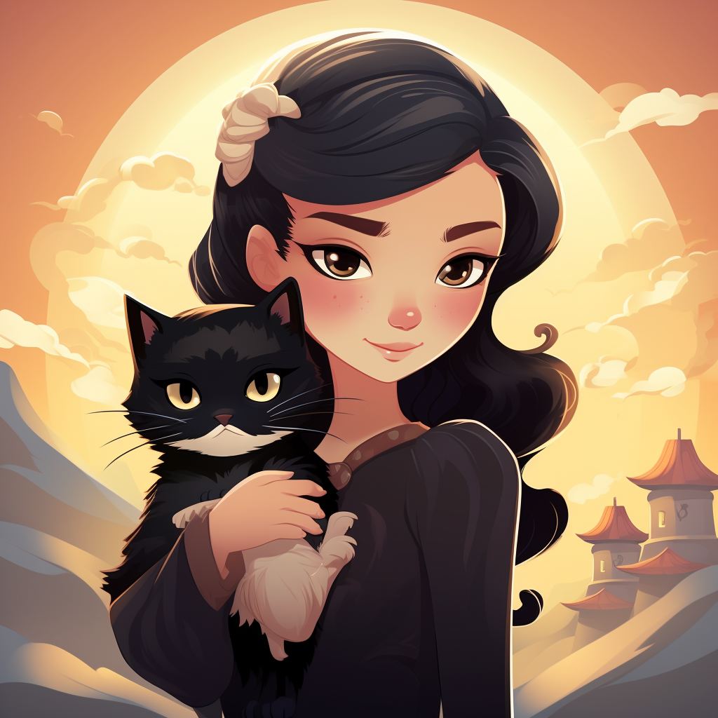 Grieving Chinese woman with her angelic black cat