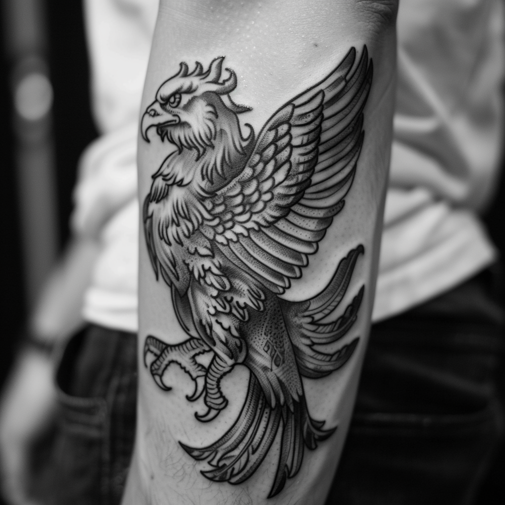 Black and white griffin logo tattoo