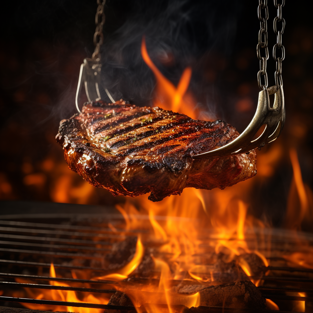 Grill tongs holding a steak over flames