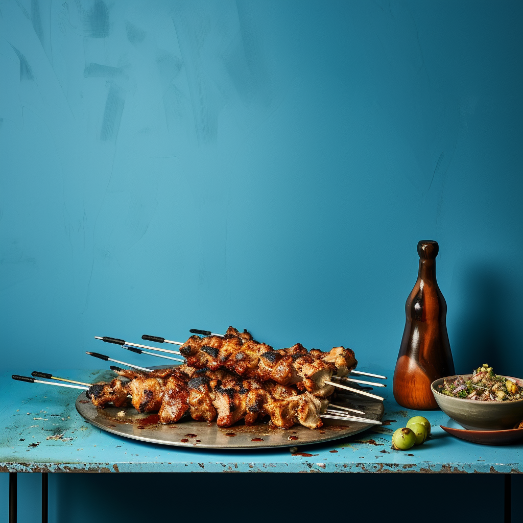 Grilled kebab on a blue table