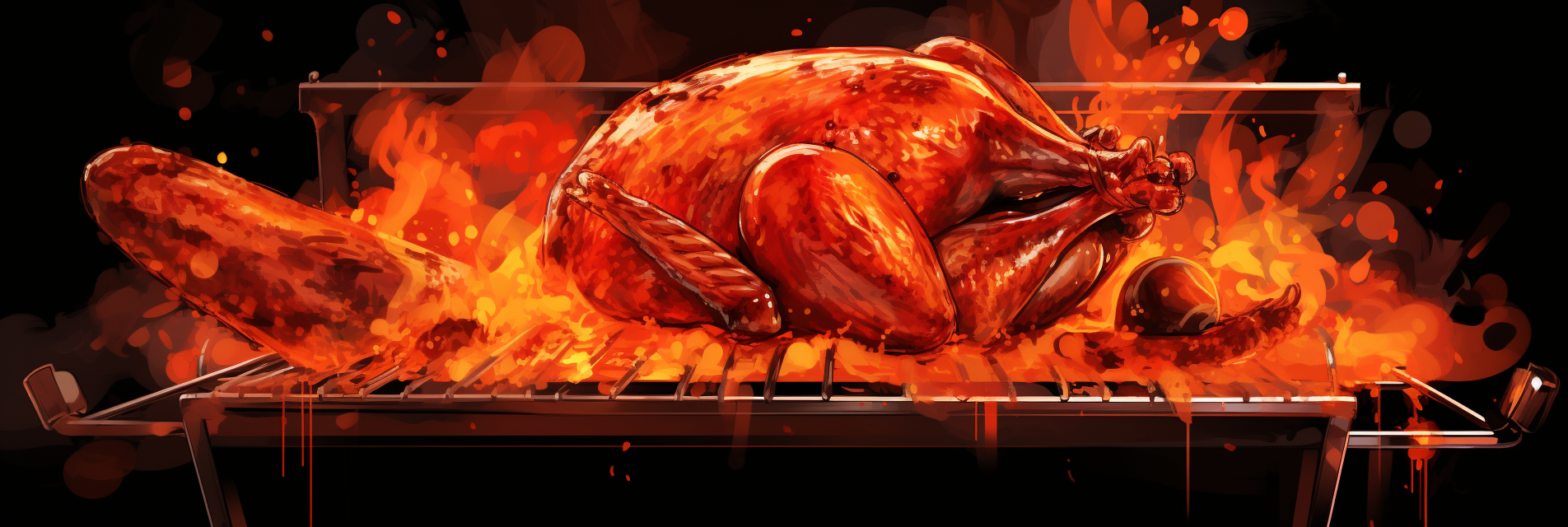 Roasted turkey on a flaming grill