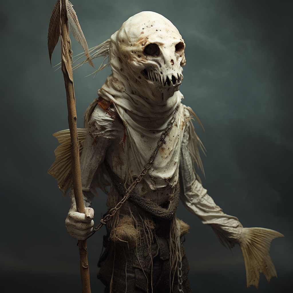 Desperate fisherman holding bone spear