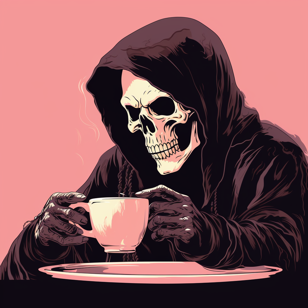 Vector art of the Grim Reaper with coffee