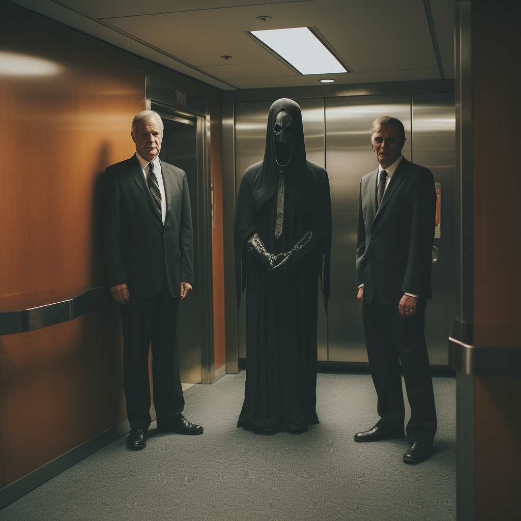 Grim Reaper and 60s Businessmen in Elevator