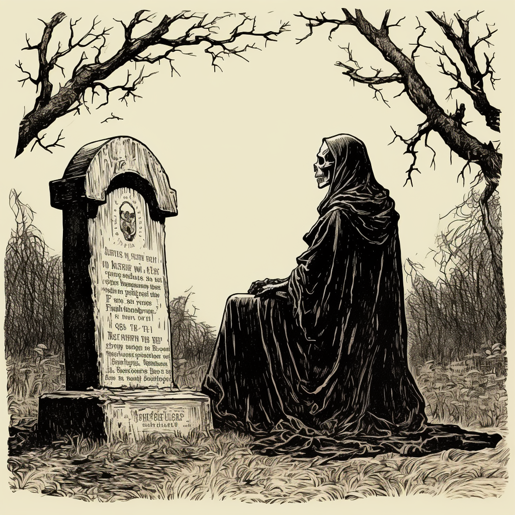 Pen and Ink Drawing of Grim Reaper on Headstone