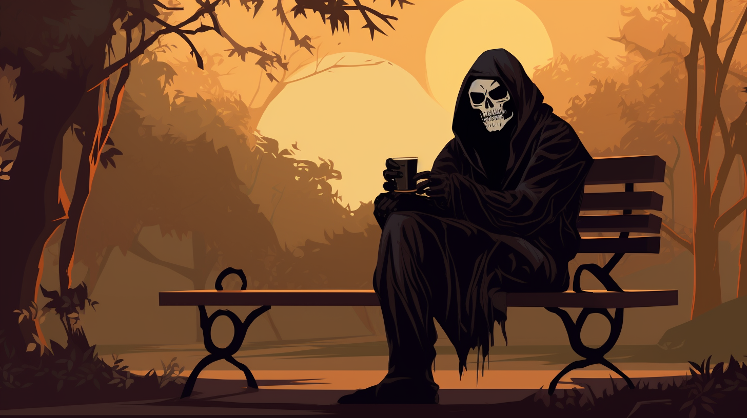 Grim Reaper Relaxing with Coffee