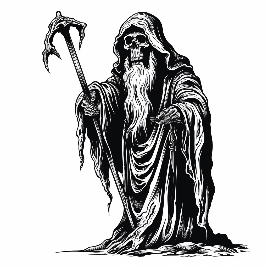 Grim reaper wizard in black and white