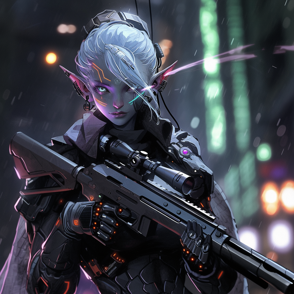 Elf sniper champion in grimdark futuristic setting