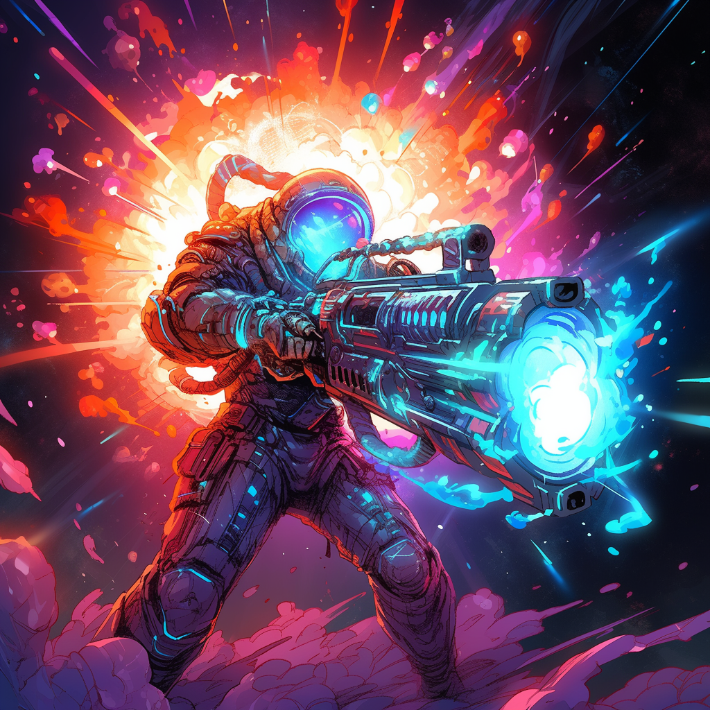 ominous astronaut wielding huge antimatter gun