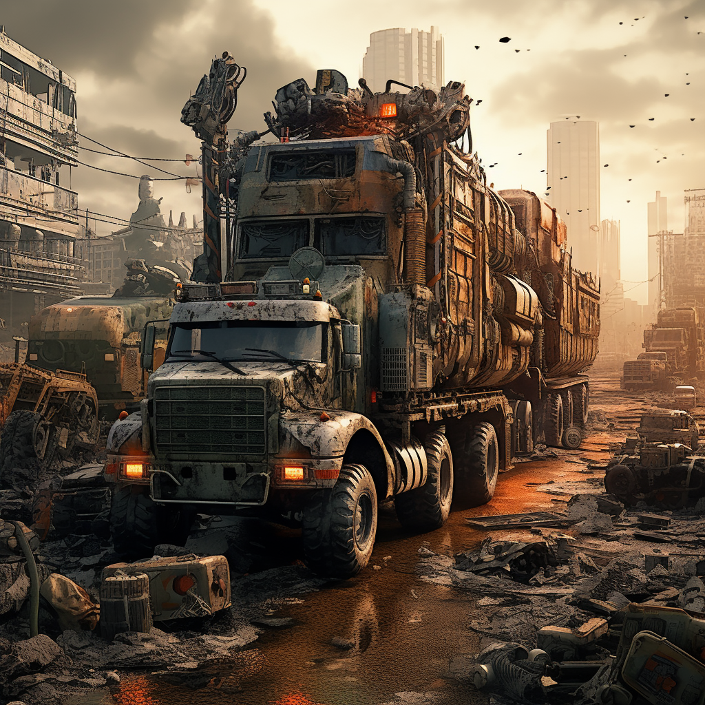 Industrial truck in post-apocalyptic wasteland