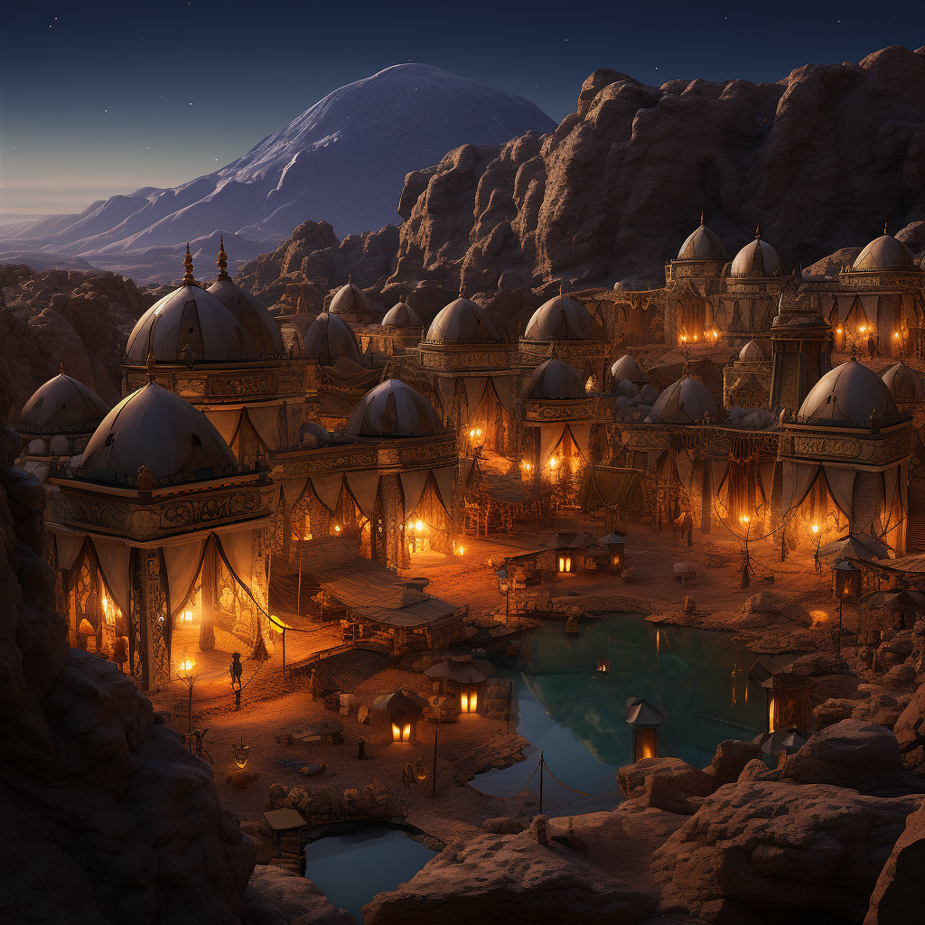 Mystic Medieval Desert Oasis Dwarven Village Artwork