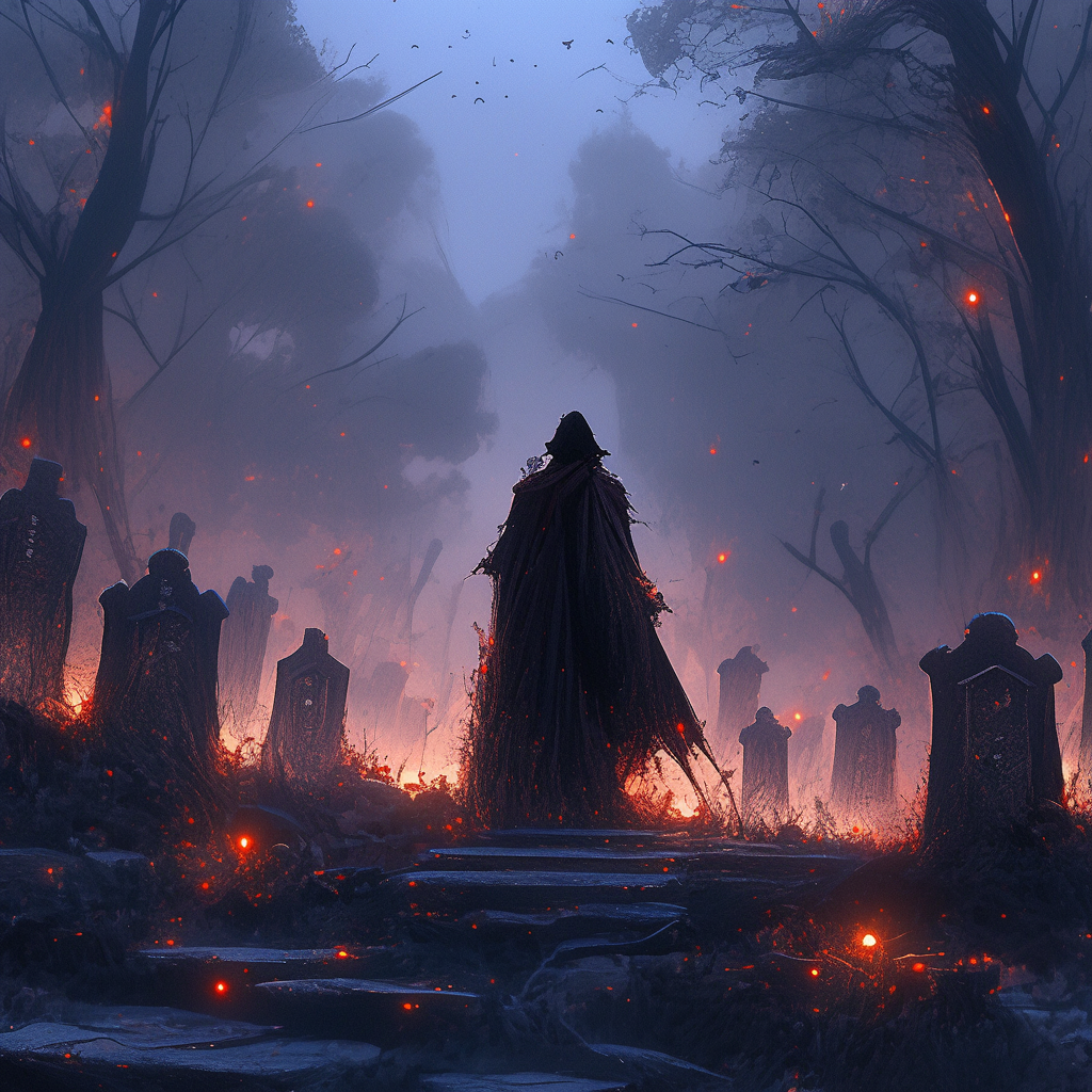 Sinister necromancer walking among tombstones artwork