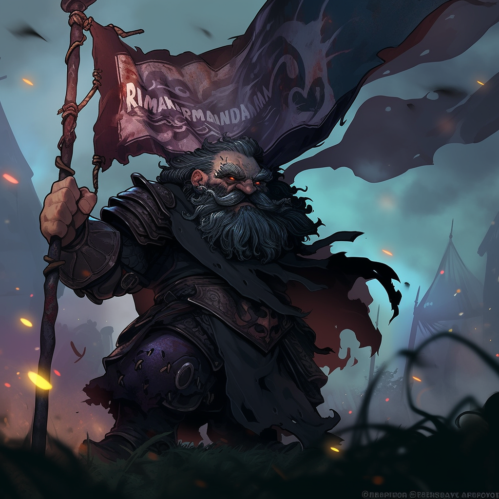 Image of a grimdark aetherpunk dwarf flag-waver champion