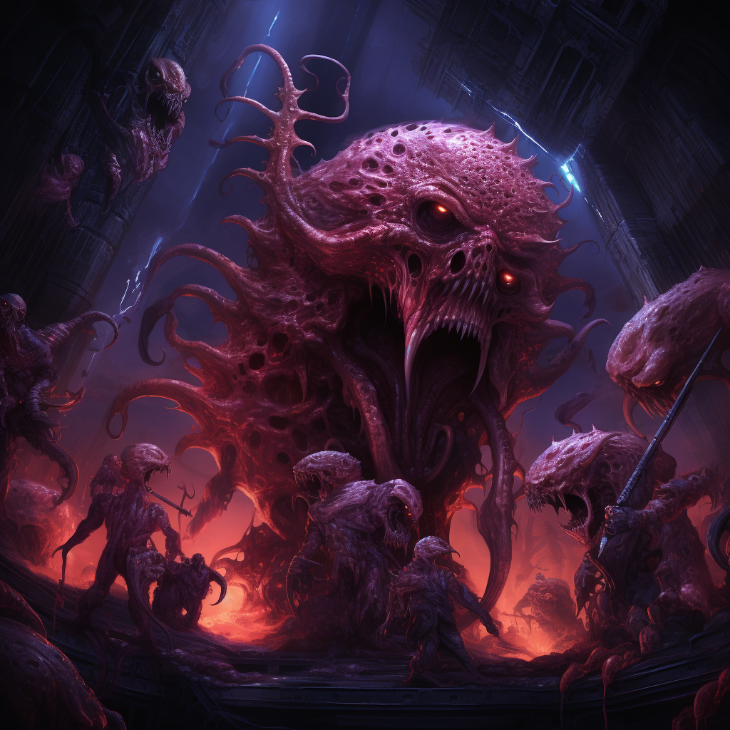 Horror fantasy artwork of grimdark cosmic eldritch squad