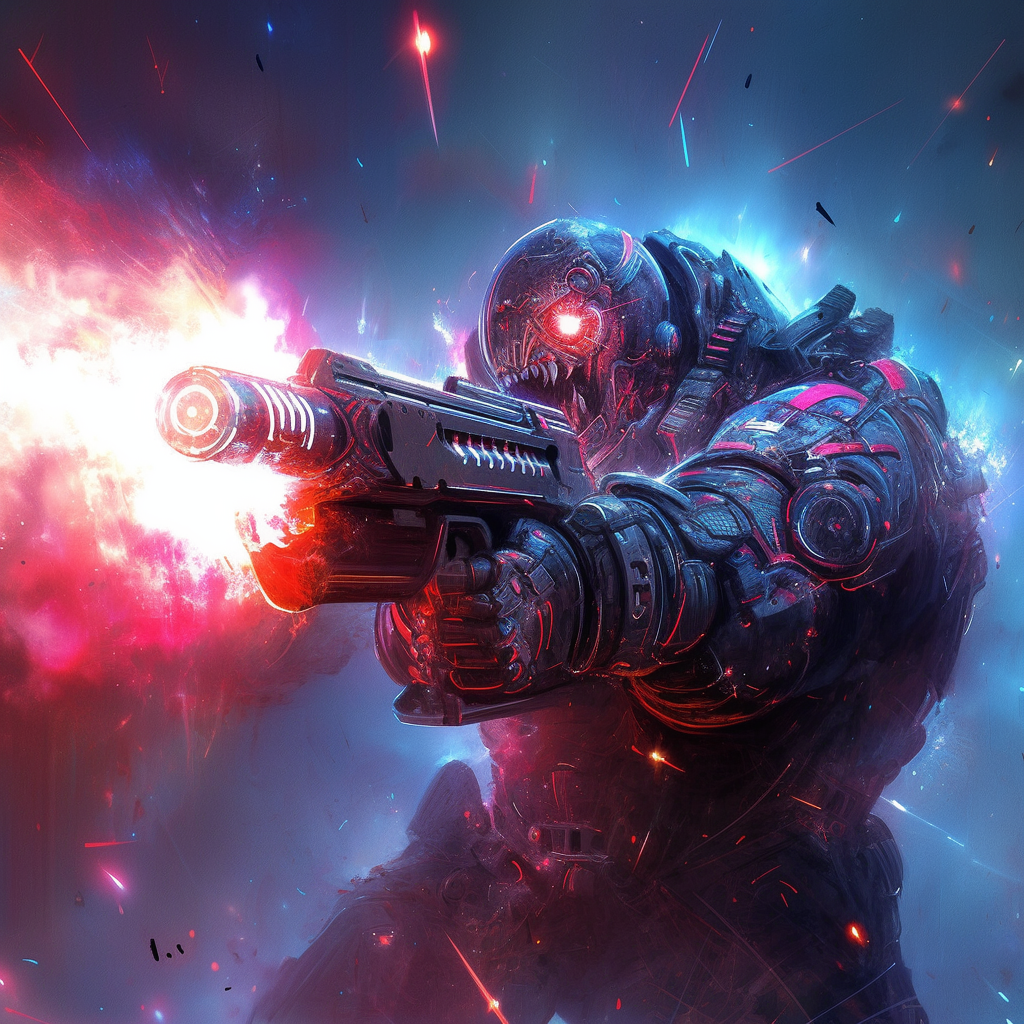 Cosmonaut wielding antimatter gun in grimdark sci-fi setting