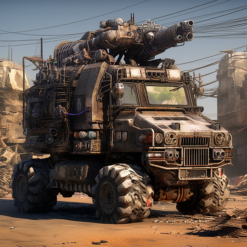 Grimdark futuristic post-apocalyptic wasteland truck