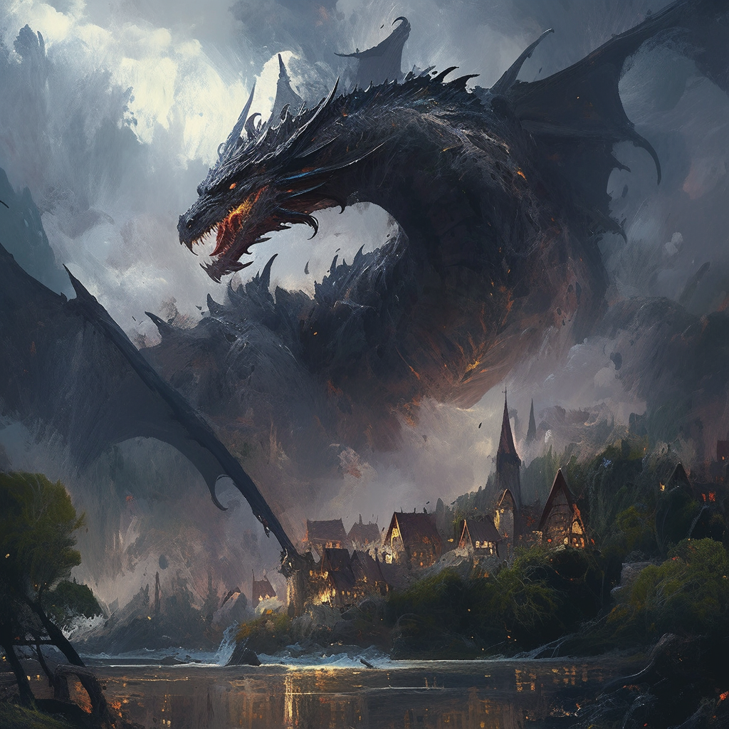 Grimdark Mystic Wyvern Flying Over Medieval Village