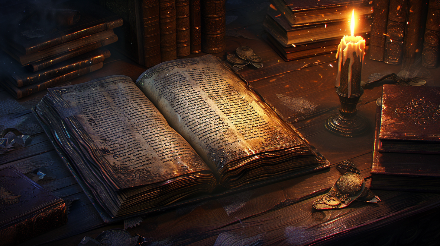 Old grimoire, dusty books, burning candle, dragon fight