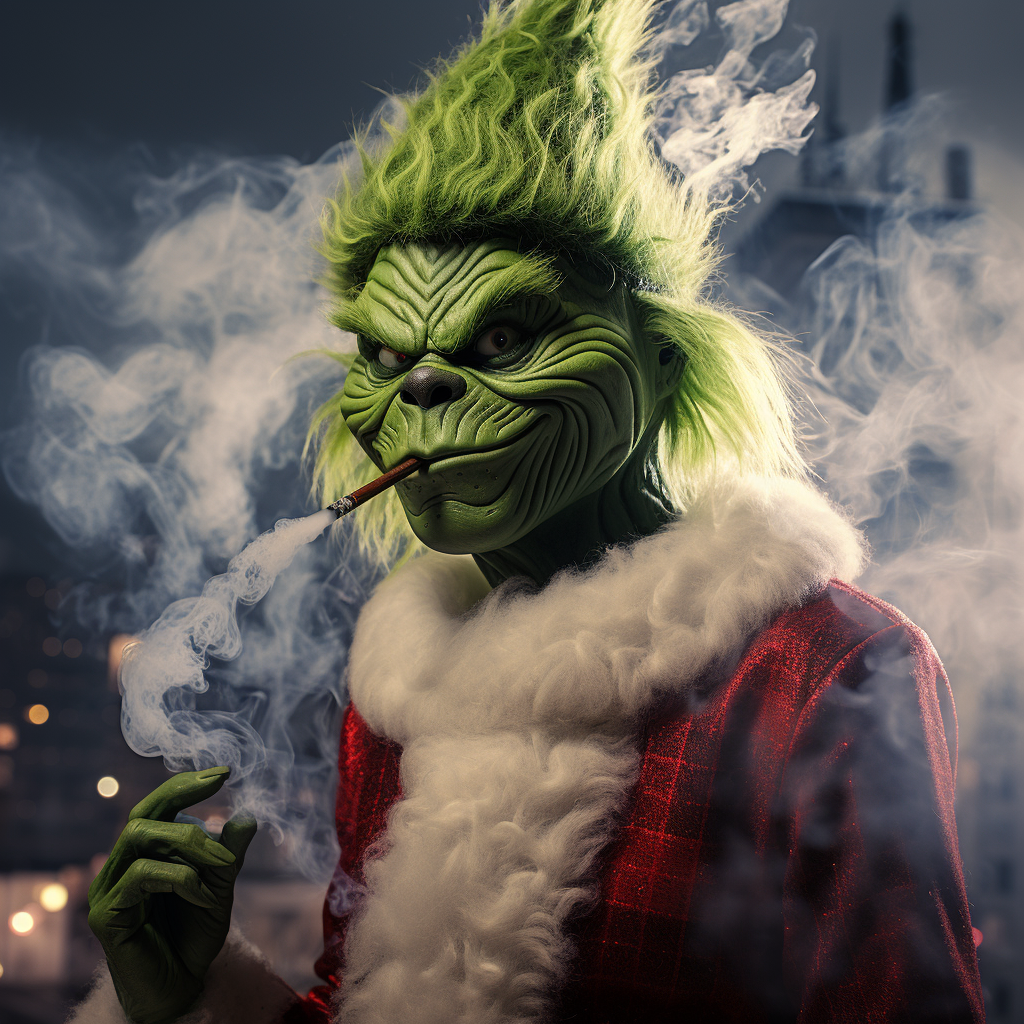 Image of the Grinch surrounded by CBD leaves and smoke clouds