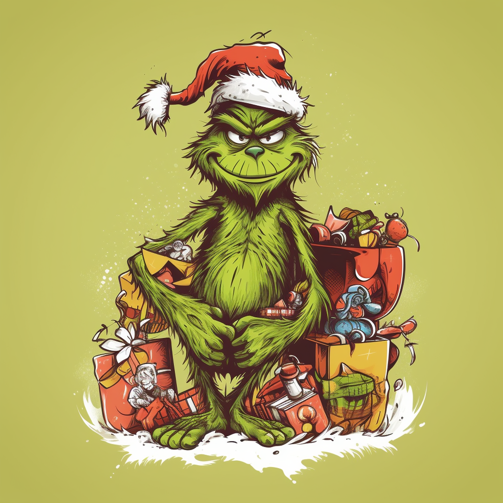 The Grinch with Christmas gifts on white background