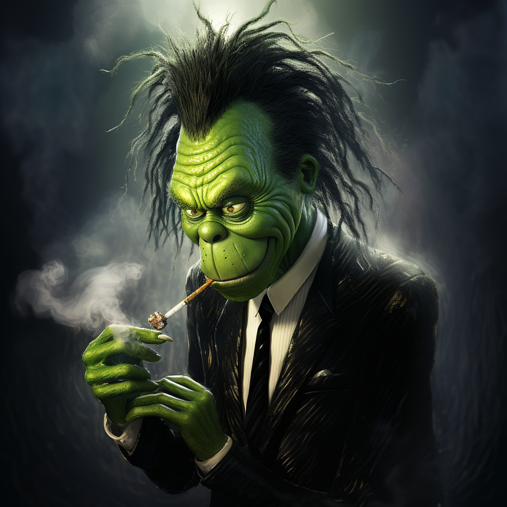 Grinch smoking pipe in black suit