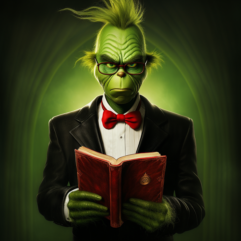 The Grinch with Disgust holding a Closed Book