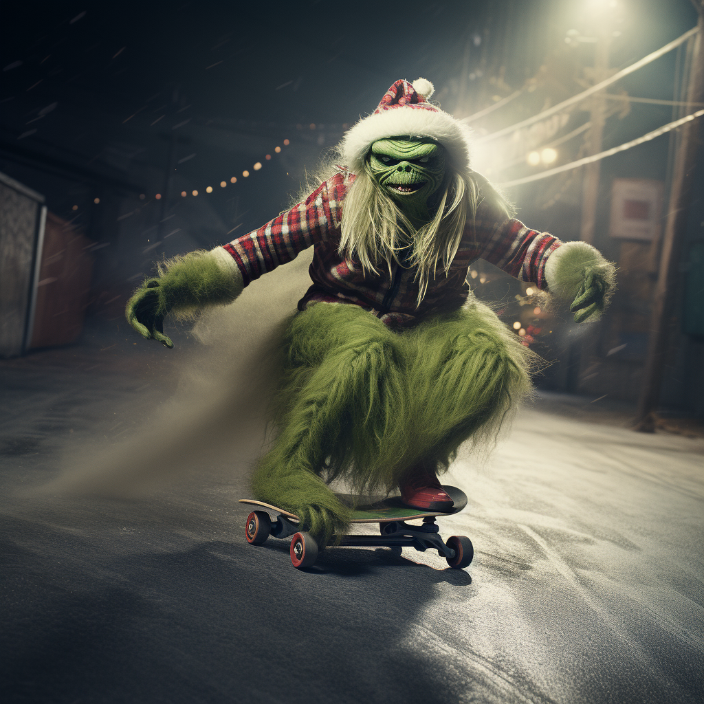 Grinch skateboarding in vans with grainy texture