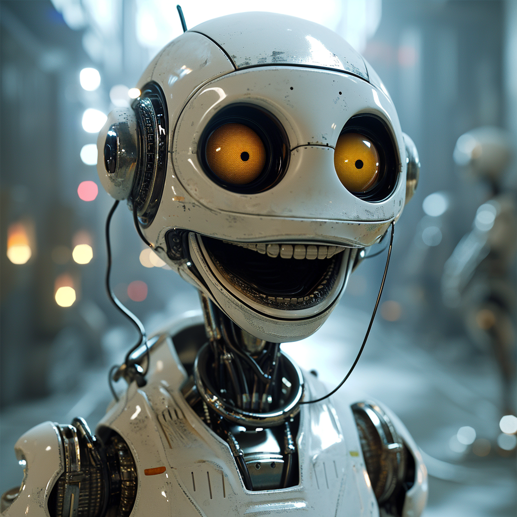 Hyper-realistic grinning android with wide eyes and smile