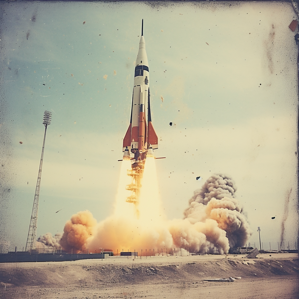 Vintage rocket launch captured on polaroid