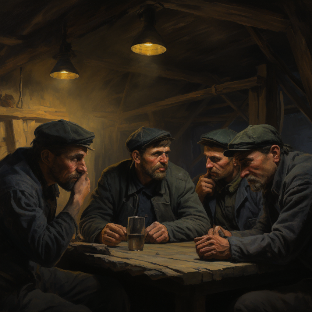 Group of weary miners displaying emotions