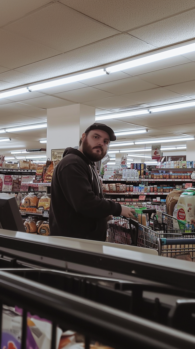 Night shift grocery store clerk in suburbs