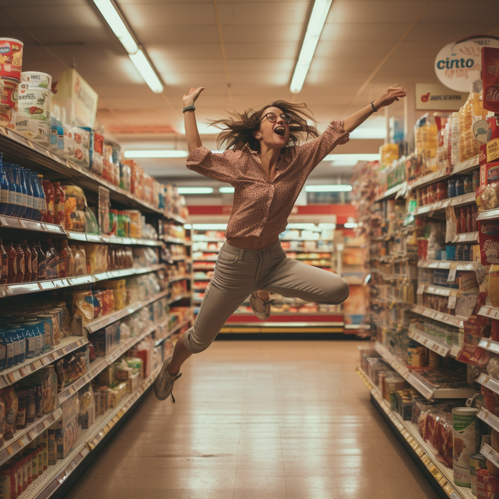 Person dancing in a grocery store.