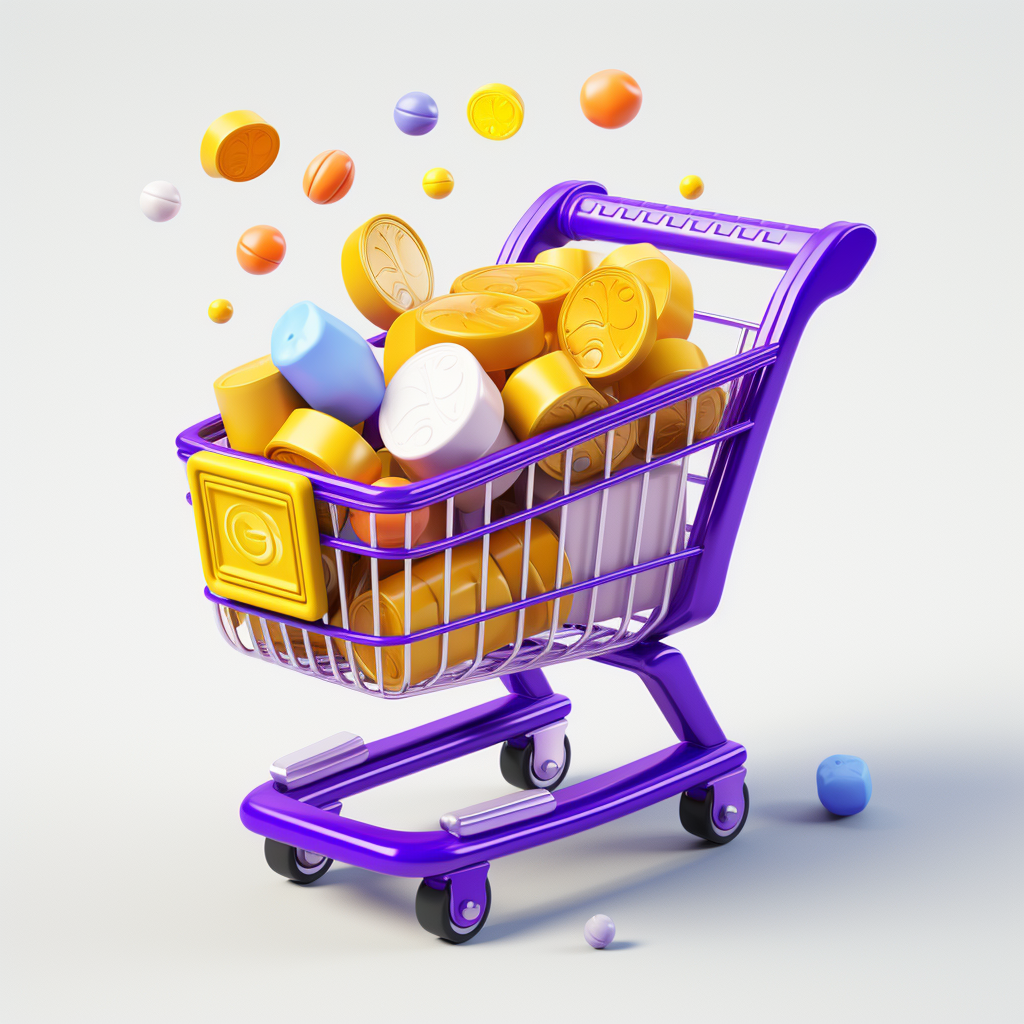 Illustrative grocery shopping icon with purple and yellow accents