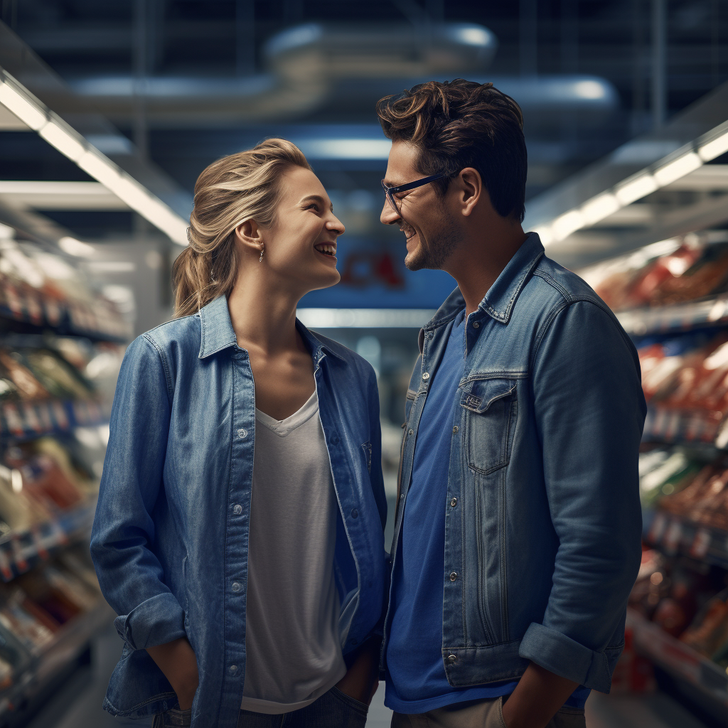 Couple conversing in grocery store aisle