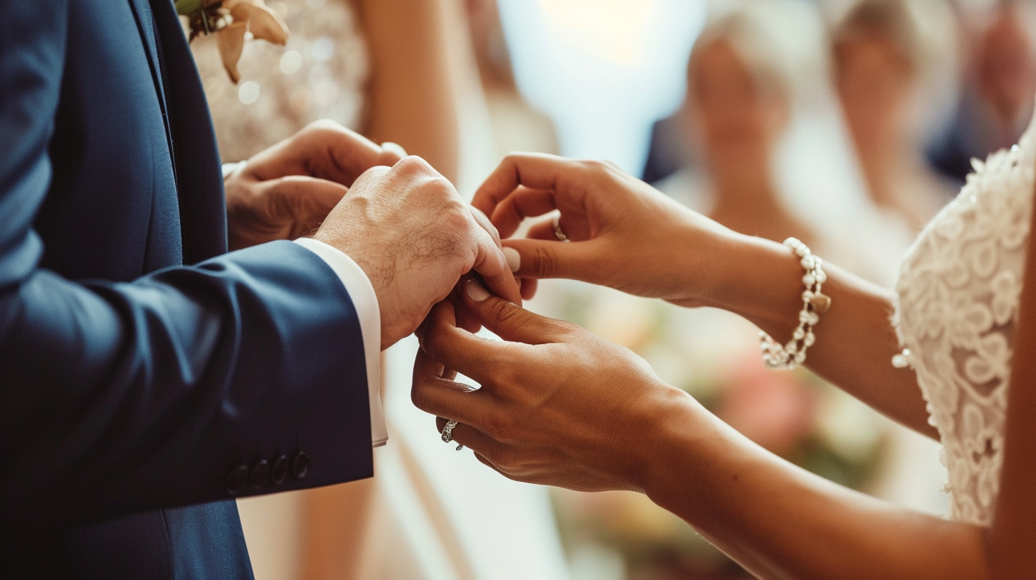 Groom putting wedding ring on bride's finger