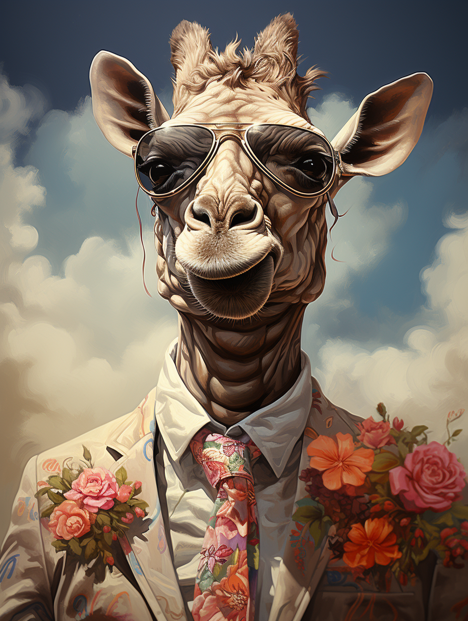 Giraffe Wearing Groom's Suit with Sunglasses