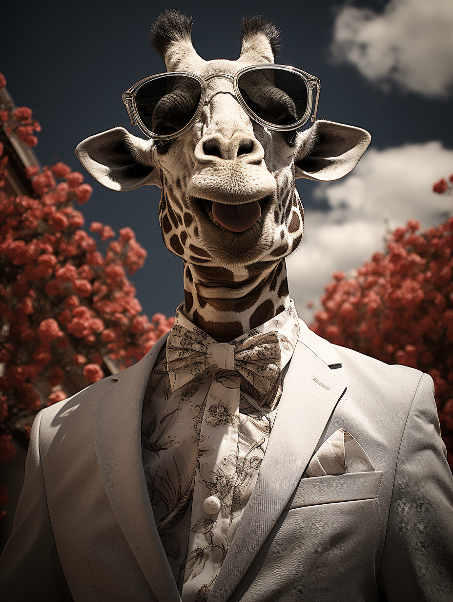 Smiling giraffe wearing sunglasses in groom's suit