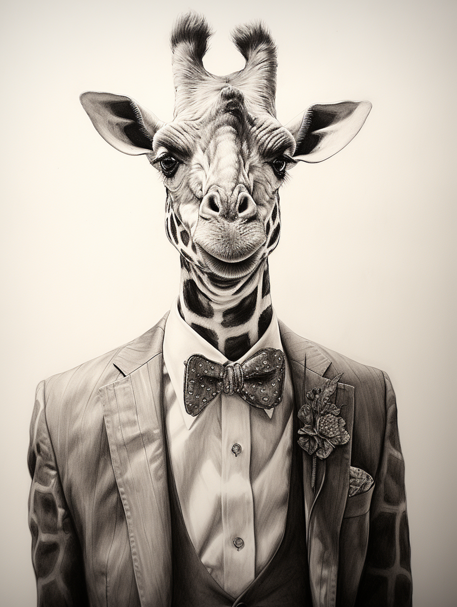 Smiling giraffe in groom's suit with sunglasses