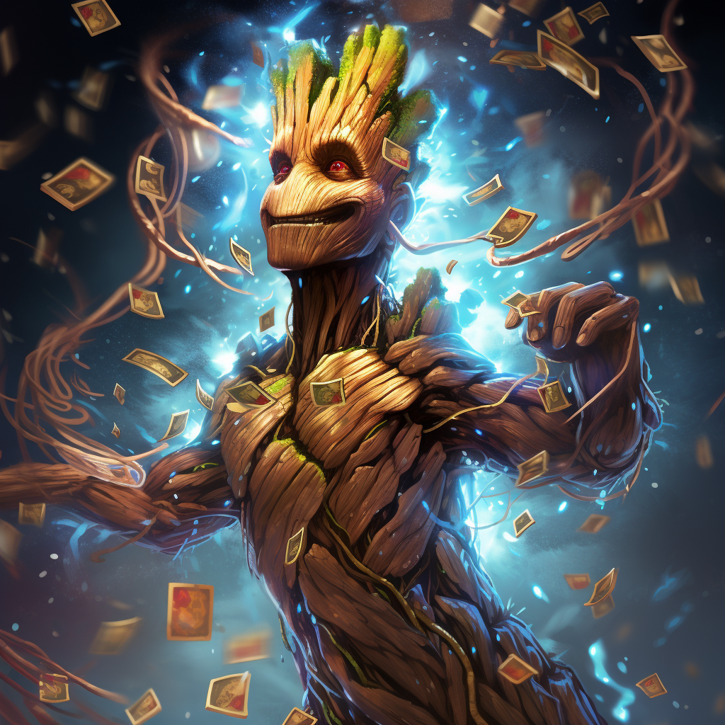 Groot breaking chains in colorful rain