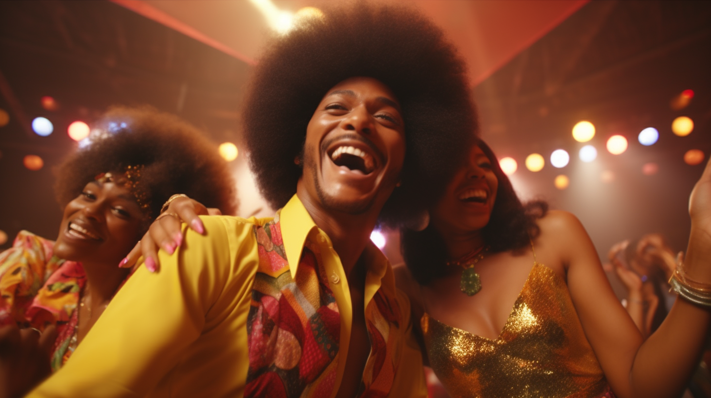 Happy afro couple dancing in 1970s Hippy Retro style