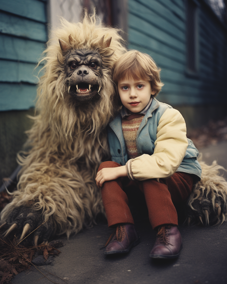 Grotesque child with monster pet in vintage photo