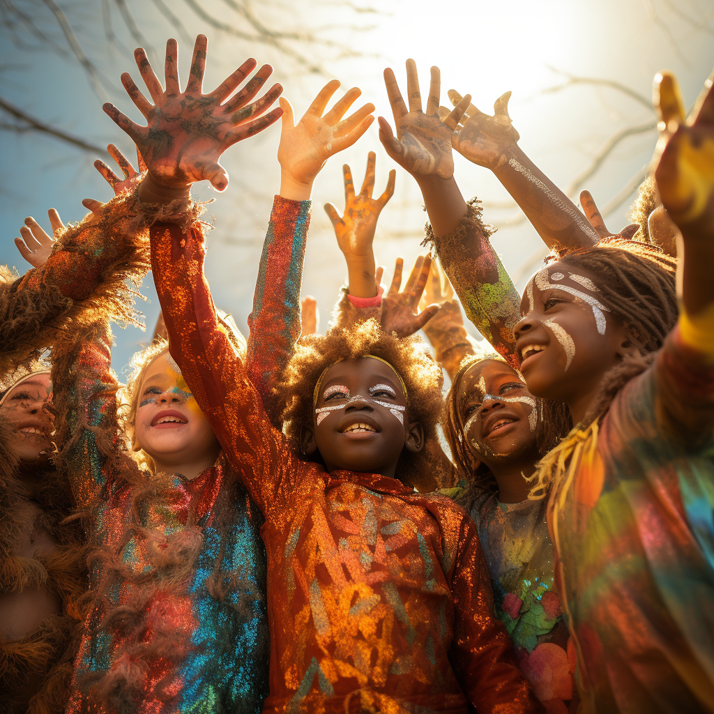 Children in colorful costumes raising hands