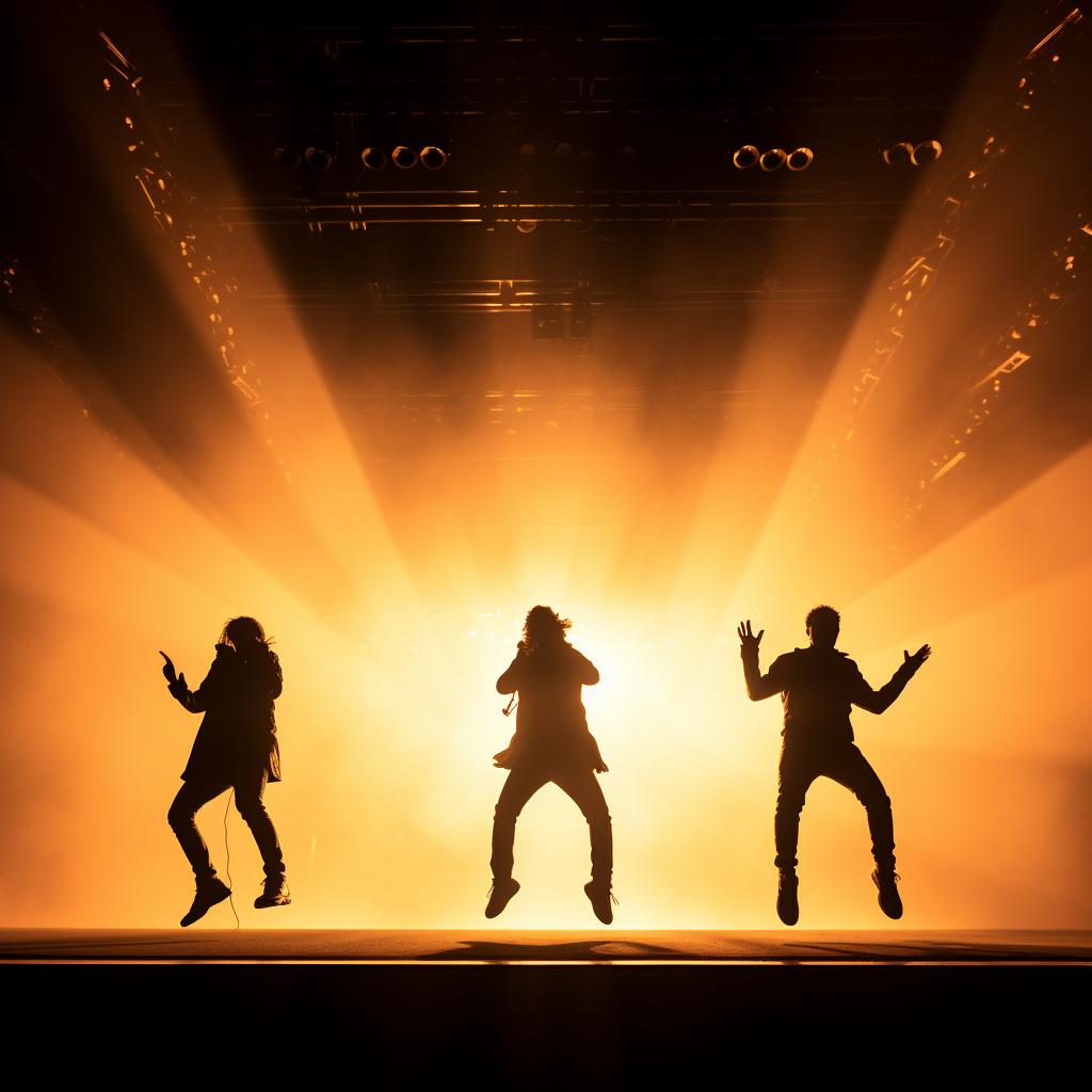 Silhouette of group idol performing jump at live concert